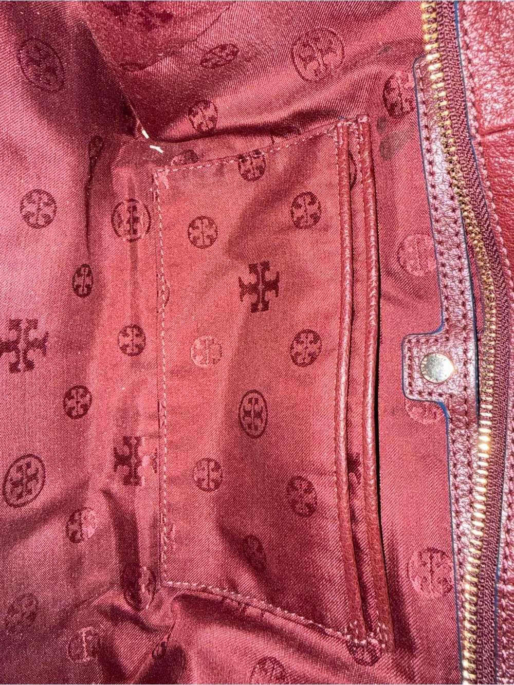 Tory Burch Wine Pebbled Leather Satchel with Gold Logo